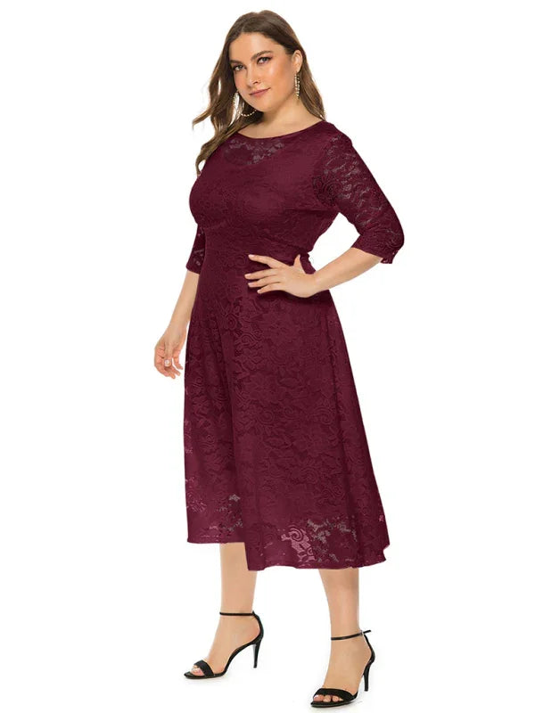 Elegant Lace Round Neck Midi Dress