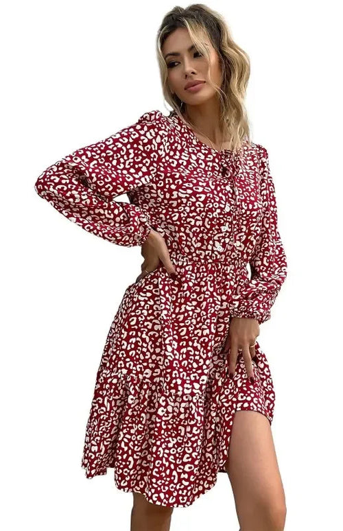 Elegant Red Abstract Chiffon Knee Dress