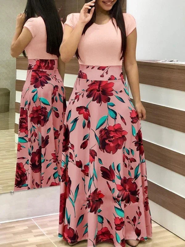 Elegant Red Floral A-Line Maxi Dress