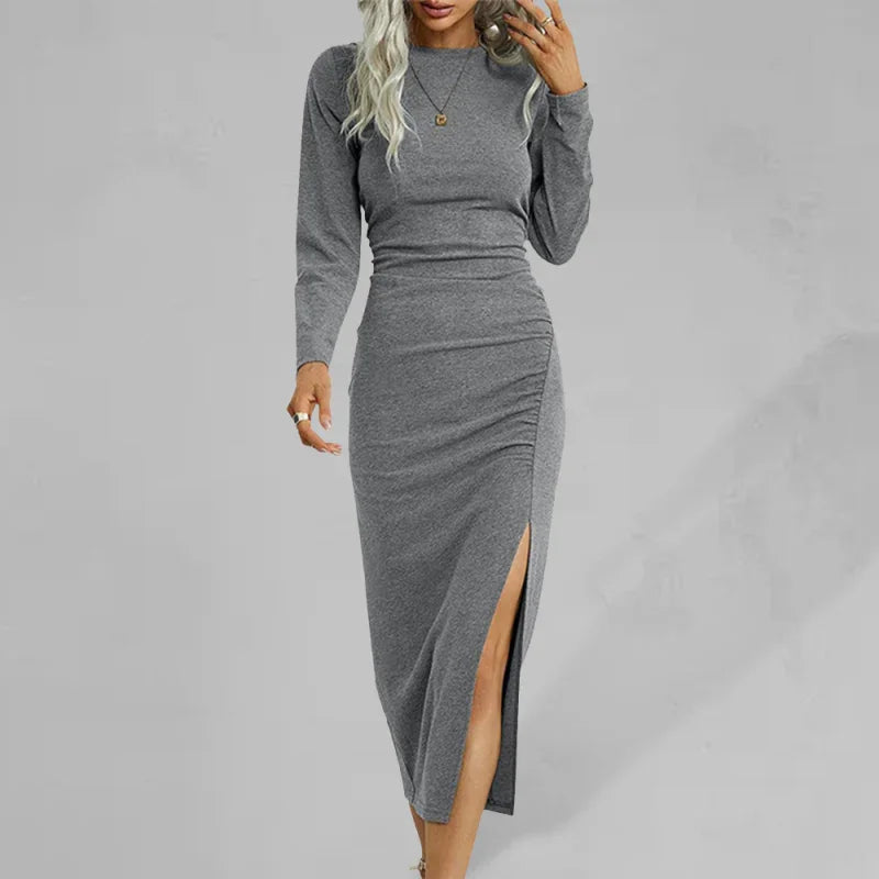 bodycon,bodycon dress,fall,fall dress,jersey,ladies Wrinkle resistant,long sleeve,long sleeves dress,midi,midi dress,midi hem dress,office,office dress,pencil,pencil dress,polyester dress,Quick drying midi dress,round,round neck dress,sheath,sheath dress,slip-on,slip-on dress,slit,solid,solid dress-LeStyleParfait