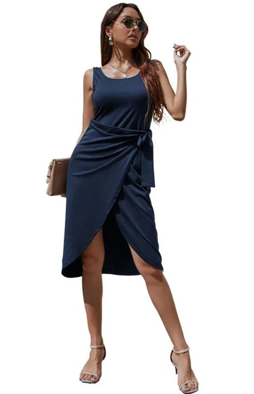 asymmetrical,jersey,ladies Wrinkle resistant,midi,midi hem dress,party,party dress,polyester dress,Quick drying midi dress,regular,regular fit dress,round,round neckline dress,sheath,sheath dress,sleeveless,sleeveless dress,slit,solid,solid dress,summer,summer dress,wrap,wrap dress,wrap tie,wrap tie dress-LeStyleParfait
