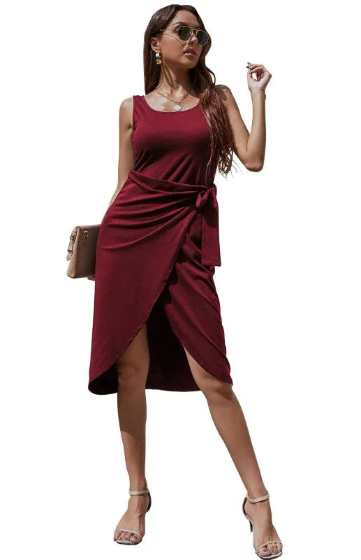 asymmetrical,jersey,ladies Wrinkle resistant,midi,midi hem dress,party,party dress,polyester dress,Quick drying midi dress,regular,regular fit dress,round,round neckline dress,sheath,sheath dress,sleeveless,sleeveless dress,slit,solid,solid dress,summer,summer dress,wrap,wrap dress,wrap tie,wrap tie dress-LeStyleParfait