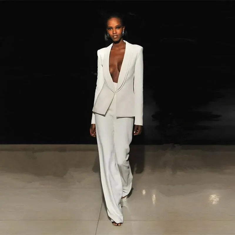 White Low V-Neck Women Pantsuit - Pantsuit - LeStyleParfait