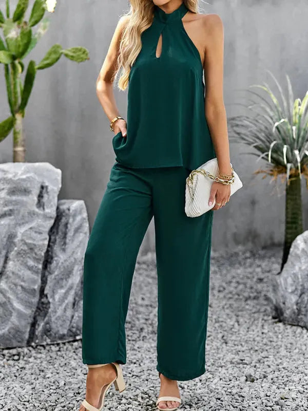Elegant Women Casual Halterneck Two-Piece Pants Set - Casual Pants Set - LeStyleParfait