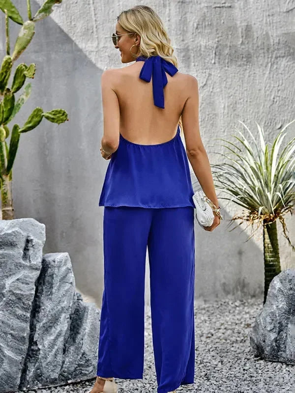 Elegant Women Casual Halterneck Two-Piece Pants Set - Casual Pants Set - LeStyleParfait