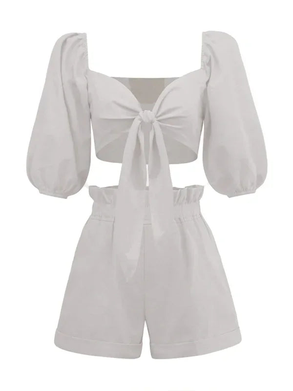 Elegant Women Casual Knot Two-Piece Shorts Set - Casual Shorts Set - LeStyleParfait