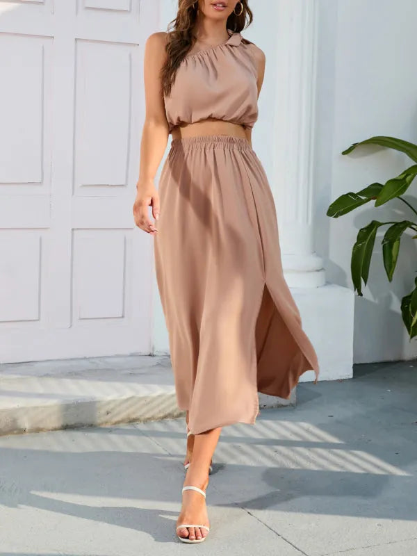 Elegant Women Casual Satin Two-Piece Skirt Set - Casual Skirt Set - LeStyleParfait