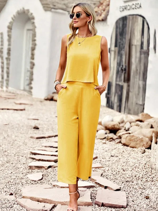 Elegant Women Casual Sleeveless Two-Piece Set - Casual Pants Set - LeStyleParfait