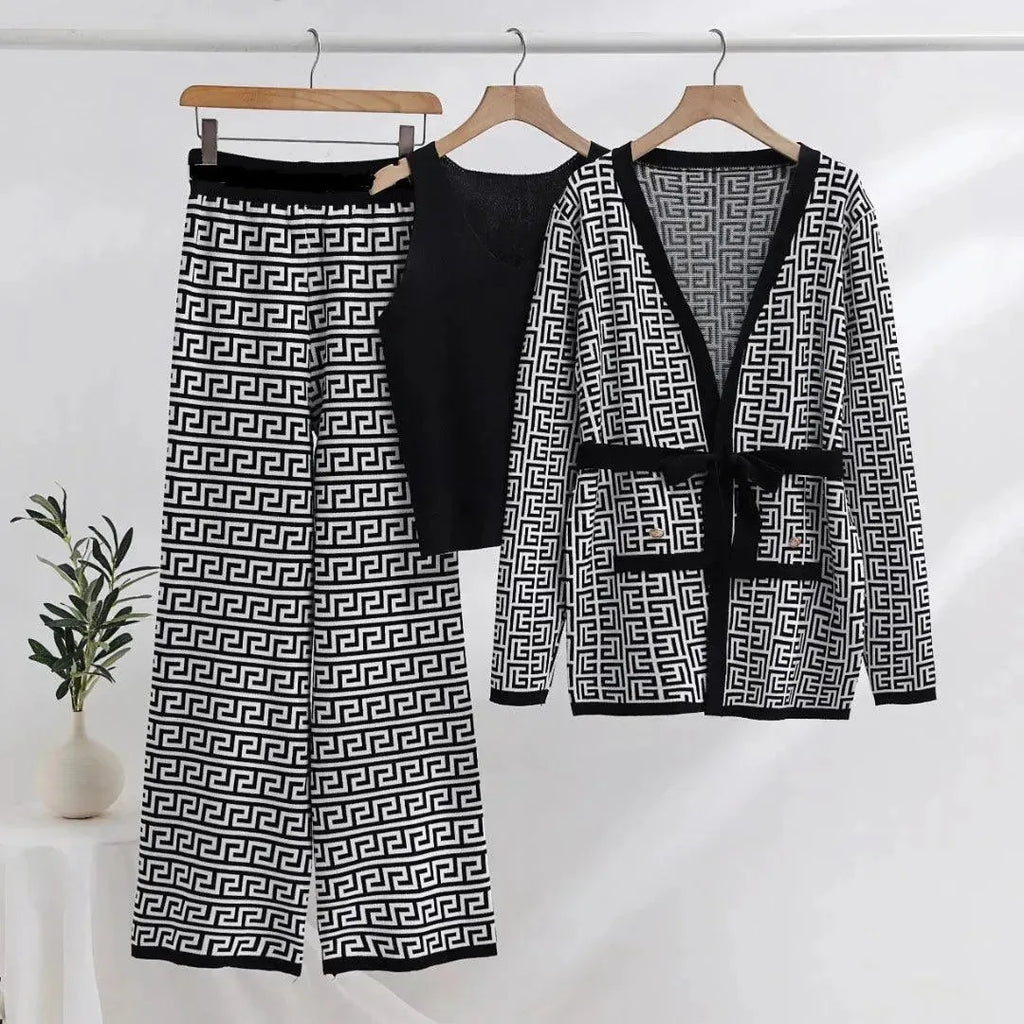 Elegant Women Geometric Tailored Three-Piece Pants Set - Geometric Pants Set - LeStyleParfait