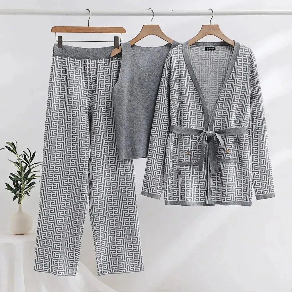 Elegant Women Geometric Tailored Three-Piece Pants Set - Geometric Pants Set - LeStyleParfait