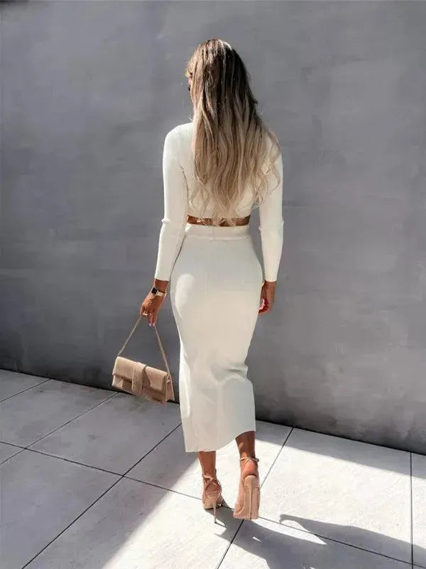 Elegant Women Solid Two-Piece Skirt Set with Slit - Casual Skirt Set - LeStyleParfait