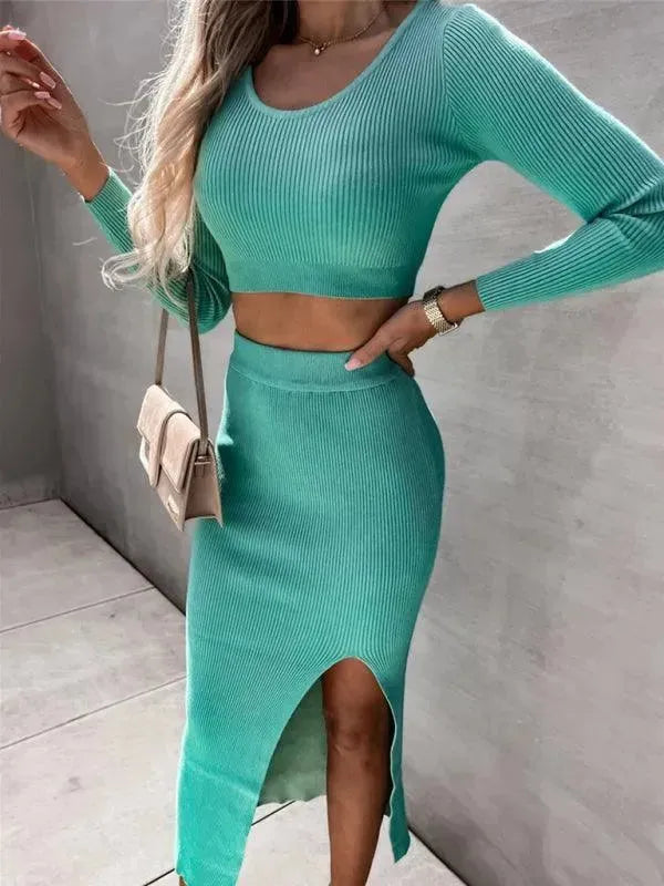 Elegant Women Solid Two-Piece Skirt Set with Slit - Casual Skirt Set - LeStyleParfait