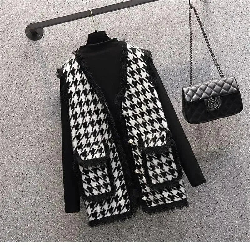 Elegant Women Tweed Plaid Three-Piece Outfit Set - Plaid Three-Piece Outfit Set - LeStyleParfait