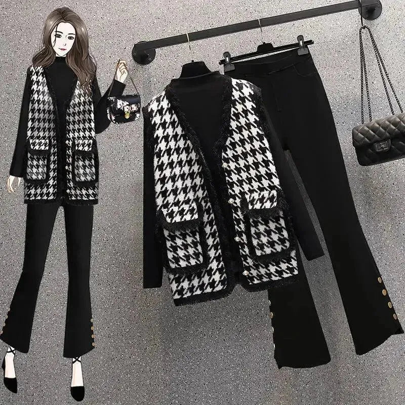 Elegant Women Tweed Plaid Three-Piece Outfit Set - Plaid Three-Piece Outfit Set - LeStyleParfait
