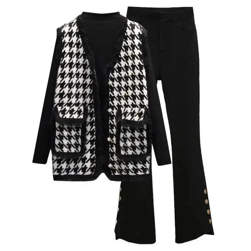 Elegant Women Tweed Plaid Three-Piece Outfit Set - Plaid Three-Piece Outfit Set - LeStyleParfait