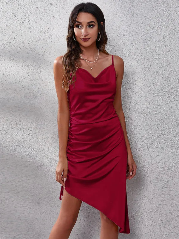 asymmetrical,asymmetrical hem dress,bodycon,bodycon dress,cowl,cowl neckline dress,ladies Wrinkle resistant,mini,mini dress,party,party dress,Quick drying mini dress,ruched,satin,satin dress,sheath,sheath dress,sleeveless,sleeveless dress,slip-on,slip-on dress,solid,solid dress,summer,summer dress-LeStyleParfait