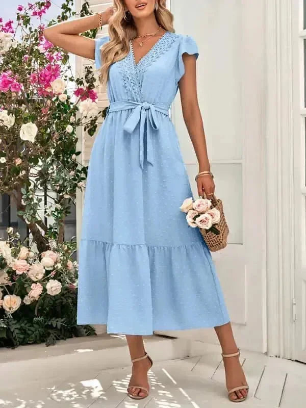 A-line,A-line dress,belt,belt closure,belt closure dress,casual,casual dress,cotton,cotton dress,flowy,ladies Wrinkle resistant,maxi,maxi dress,maxi hem dress,Quick drying maxi dress,short sleeve,short sleeves dress,solid,solid dress,straight,summer,summer dress,true-to-size dress,V-neck,V-neck dress-LeStyleParfait