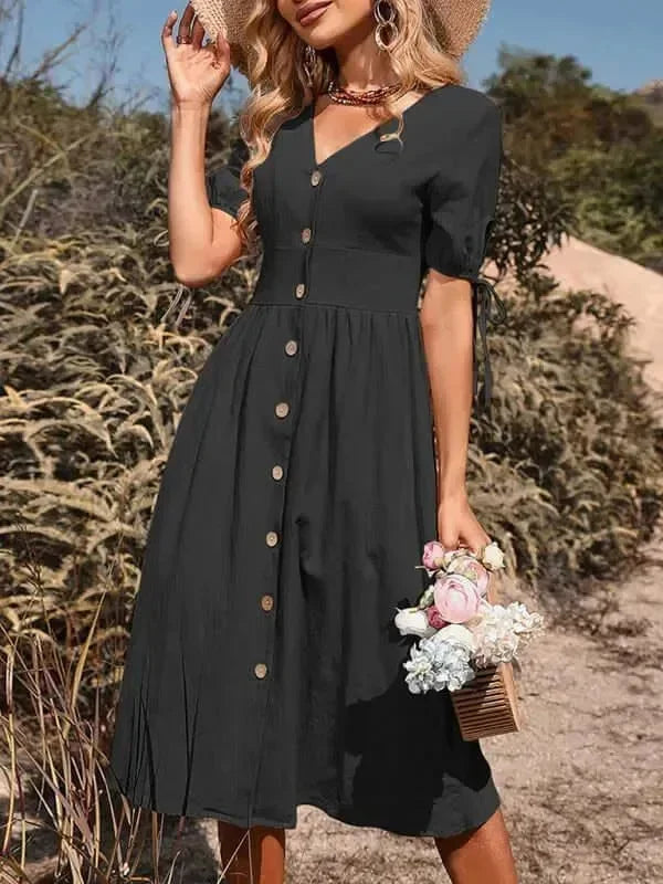 A-line,A-line dress,bow tie,bow tie sleeves dress,button-down,button-down dress,casual,casual dress,cotton,cotton dress,ladies Wrinkle resistant,midi,midi dress,Quick drying midi dress,regular,regular dress,slit sleeve,solid,solid dress,straight,summer,summer dress,V-neck,V-neck dress-LeStyleParfait