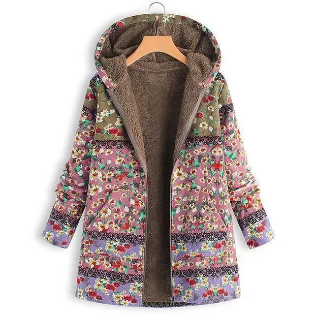 Floral Hooded Women Fleece Coat - Fleece Coat - LeStyleParfait