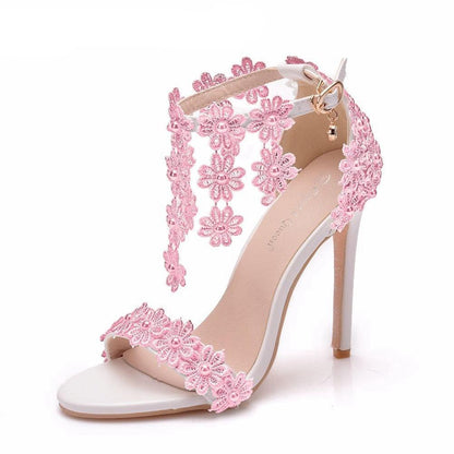 Floral Lace Strap Heels Sandals - Sandals - LeStyleParfait