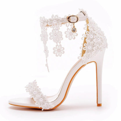 Floral Lace Strap Heels Sandals - Sandals - LeStyleParfait