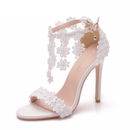 Floral Lace Strap Heels Sandals - Sandals - LeStyleParfait