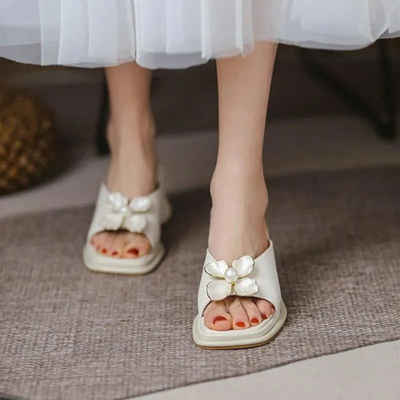 Floral Leather Slip-on Wedge Sandals - Wedge Shoes - LeStyleParfait