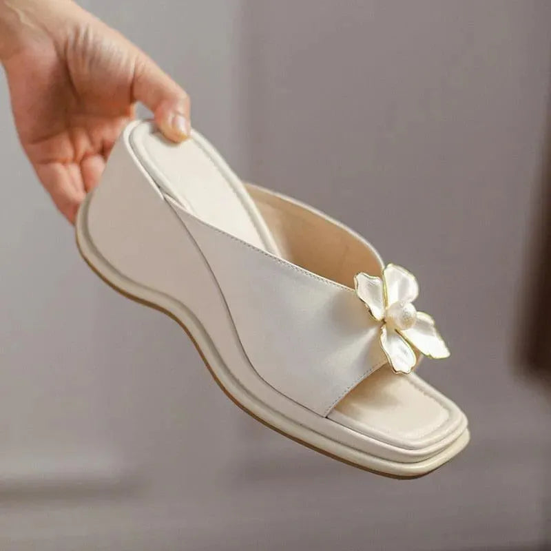 Floral Leather Slip-on Wedge Sandals - Wedge Shoes - LeStyleParfait