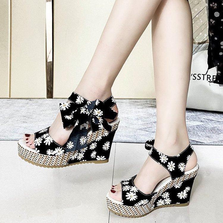 Floral Print Peep Toe Wedge Sandals - Wedge Shoes - LeStyleParfait