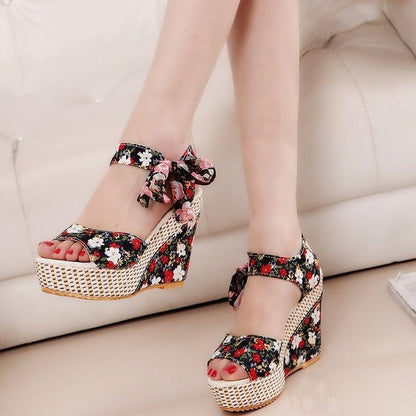 Floral Print Peep Toe Wedge Sandals - Wedge Shoes - LeStyleParfait