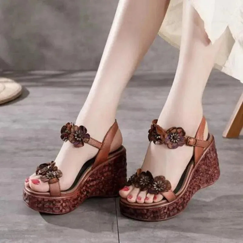 Floral PU Leather Wedge Sandals - Wedge Shoes - LeStyleParfait
