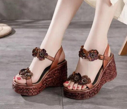 Floral PU Leather Wedge Sandals - Wedge Shoes - LeStyleParfait