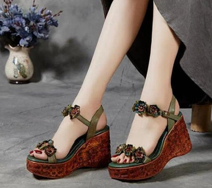 Floral PU Leather Wedge Sandals - Wedge Shoes - LeStyleParfait