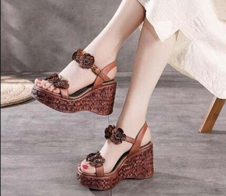 Floral PU Leather Wedge Sandals - Wedge Shoes - LeStyleParfait