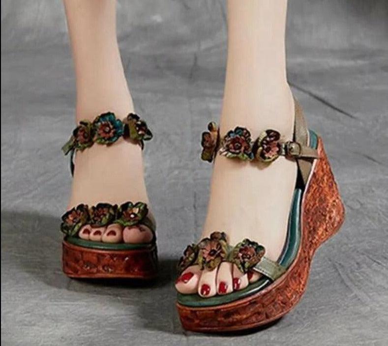 Floral PU Leather Wedge Sandals - Wedge Shoes - LeStyleParfait