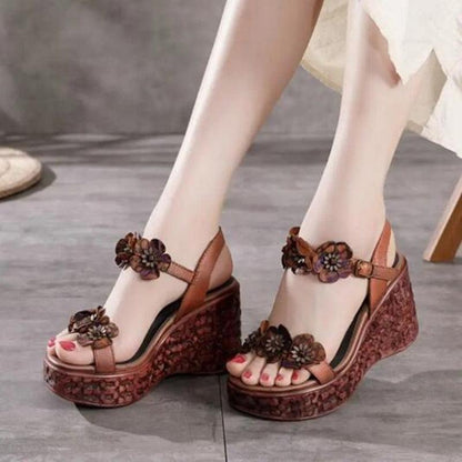 Floral PU Leather Wedge Sandals - Wedge Shoes - LeStyleParfait