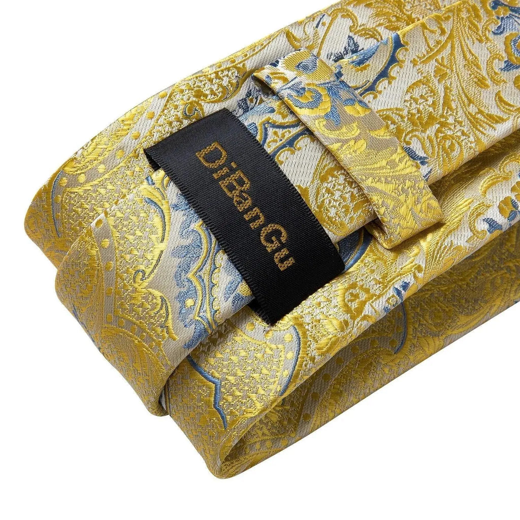 Gold Blue Paisley Necktie Set - Necktie - LeStyleParfait