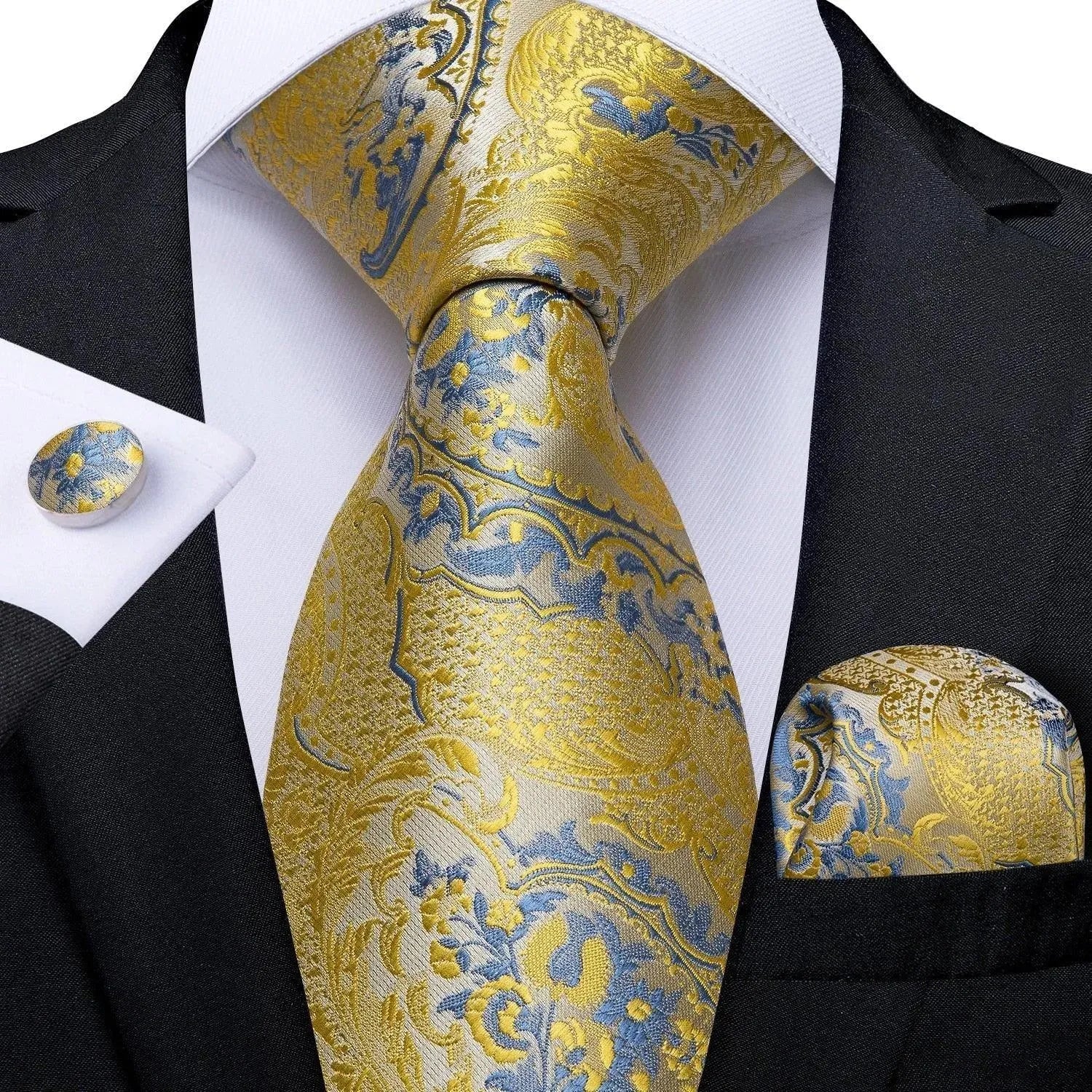 Gold Blue Paisley Necktie Set - Necktie - LeStyleParfait