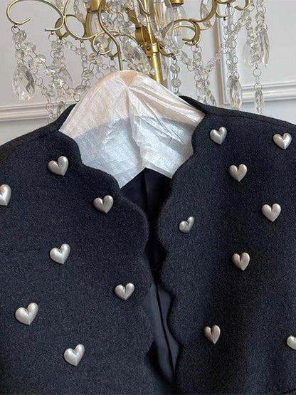 Hearts Pattern Black Wool Tweed Jacket Women - Tweed Blazer - LeStyleParfait