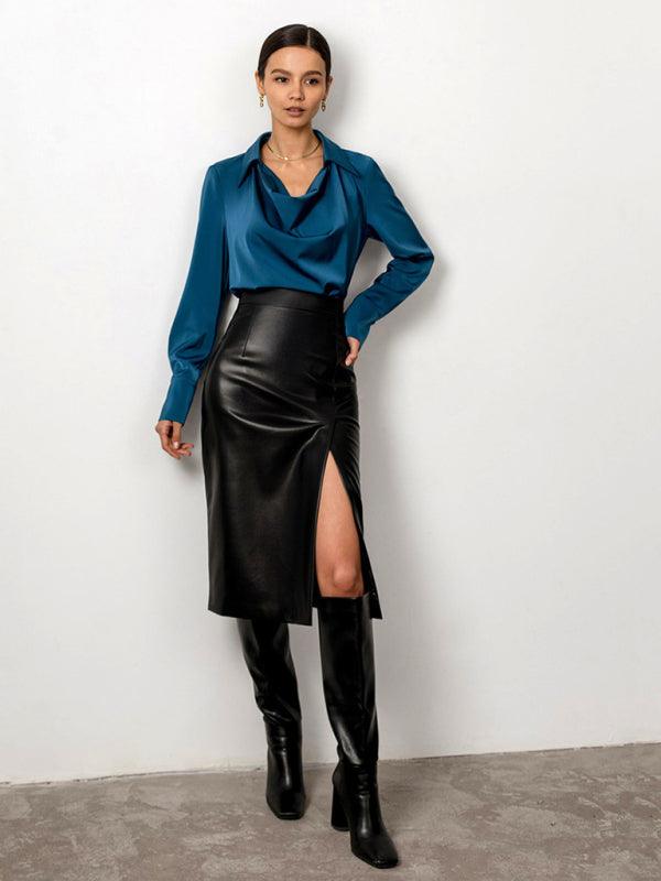 High Waist Leather Sheath Skirt with Slit - Leather Sheath Skirt - LeStyleParfait