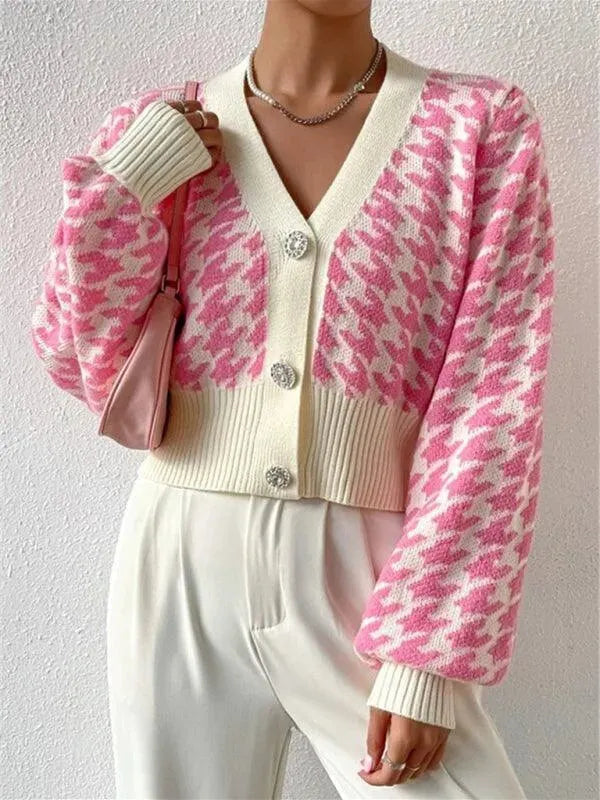 Houndstooth Lantern Sleeve Cardigan Sweater - Cardigan Sweater - LeStyleParfait