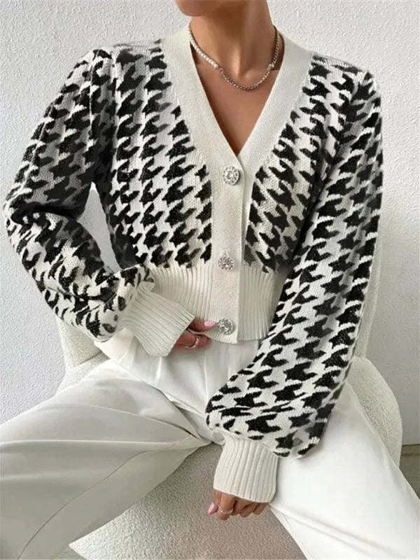 Houndstooth Lantern Sleeve Cardigan Sweater - Cardigan Sweater - LeStyleParfait