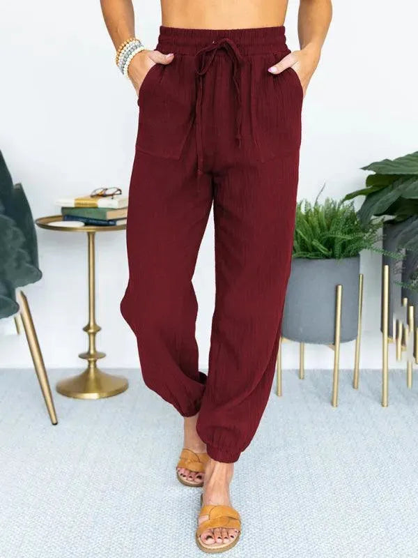 LeStyleParfait Women Pants Plain-Solid Women's Drawstring Linen-Women Pants