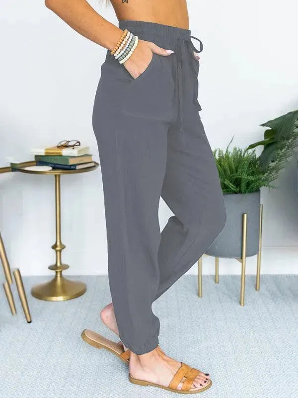 LeStyleParfait Women Pants Plain-Solid Women's Drawstring Linen-Women Pants