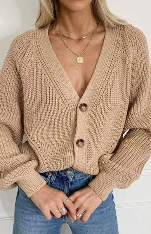 Lantern Sleeve Button Women Cardigan Sweater - Cardigan Sweater - LeStyleParfait