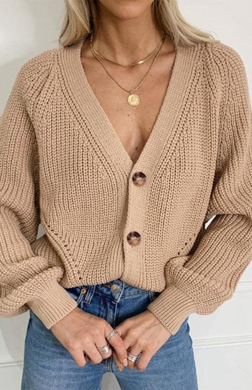 Lantern Sleeve Button Women Cardigan Sweater - Cardigan Sweater - LeStyleParfait