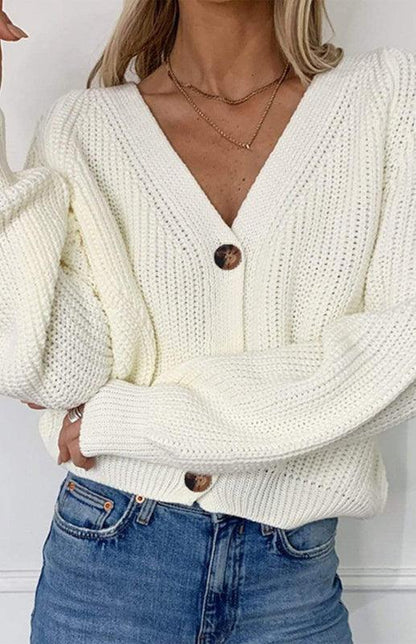 Lantern Sleeve Button Women Cardigan Sweater - Cardigan Sweater - LeStyleParfait