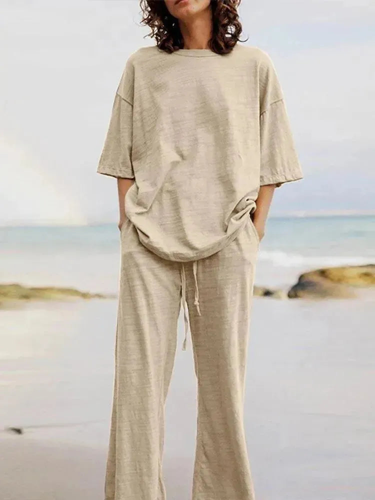 Light Blue Linen Women's Pants Set - Casual Pants Set - LeStyleParfait
