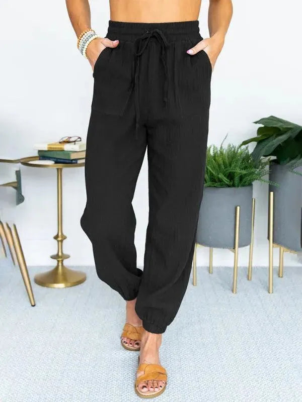 LeStyleParfait Women Pants Plain-Solid Women's Drawstring Linen-Women Pants