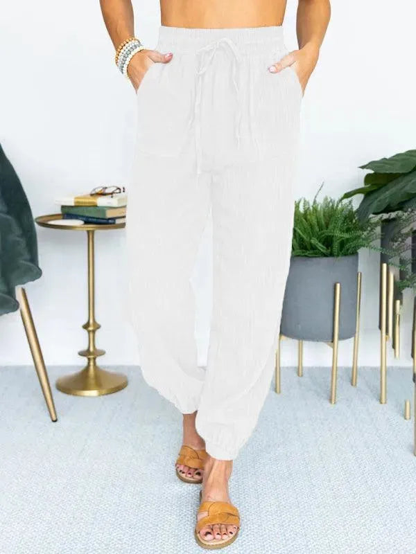 LeStyleParfait Women Pants Plain-Solid Women's Drawstring Linen-Women Pants